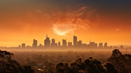 urban skyline with heat waves rising, illustrating the urban heat island effect. Orange color 