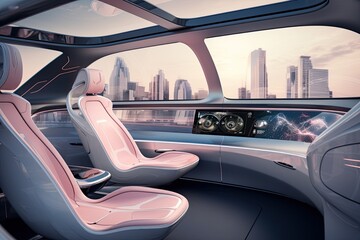 the interior of an autonomous vehicle, featuring a spacious and comfortable cabin.