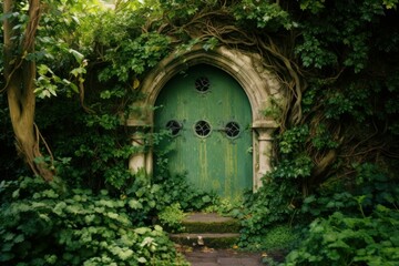 Lush Door green garden. Nature stone old. Generate Ai