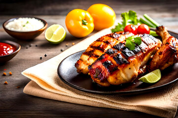 An amazing light and bright photo of Mexican Bar-B-Q chicken with extra such.