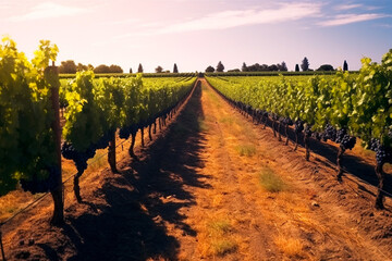 Naklejka premium Vineyards with ripe grape at sunset in autumn harvest. AI Generative