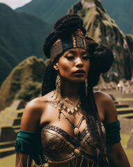 Maya Frau in traditioneller Kleidung am Machu Picchu in Peru
 - obrazy, fototapety, plakaty