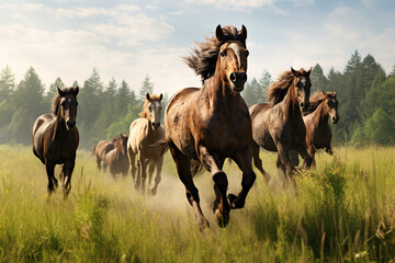 a group of horses running in the meadow - Powered by Adobe