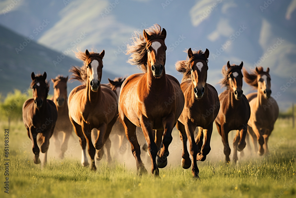 Wall mural a group of horses running in the meadow