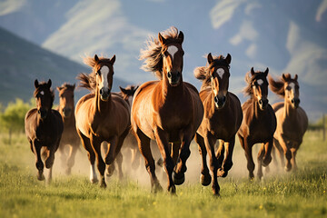 a group of horses running in the meadow - obrazy, fototapety, plakaty