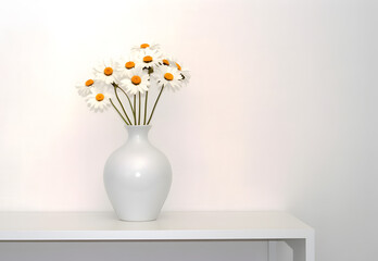 A bouquet of daisies in a white glass vase on a white table