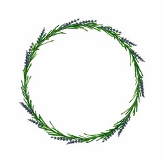 Fototapeta premium Round wreath from lavender twigs, hand drawn marker illustration in watercolor technique. For postcards, greeting cards, prints for clothing, round napkins and tablecloths, for gift boxes etc.