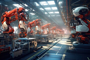 a robotics-driven factory floor, where robotic arms and machines work seamlessly together, showcasing the future of industrial production, orange and blue color 