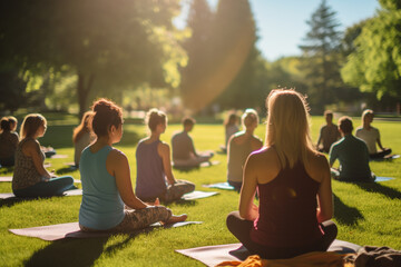 Healthy lifestyle, states of mind concept. Men and women doing yoga in park during sunny and warm summer day, morning or evening. Generative AI - obrazy, fototapety, plakaty