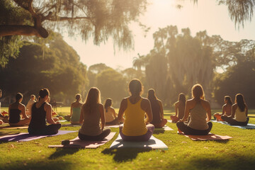 Healthy lifestyle, states of mind concept. Men and women doing yoga in park during sunny and warm summer day, morning or evening. Generative AI