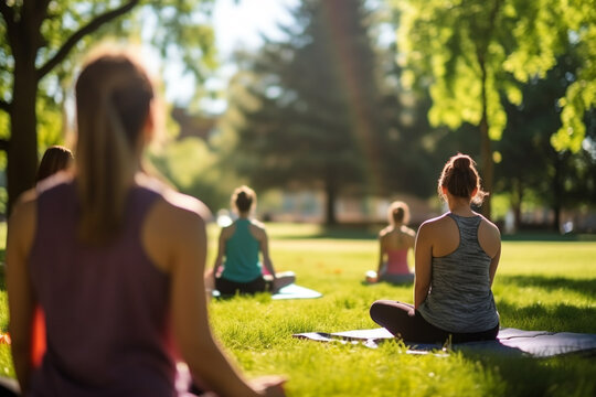 Healthy lifestyle, states of mind concept. Men and women doing yoga in park during sunny and warm summer day, morning or evening. Generative AI