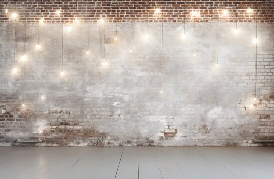 Fototapeta Minimalist white brick wall adorned with shimmering Christmas lights, perfect for background.