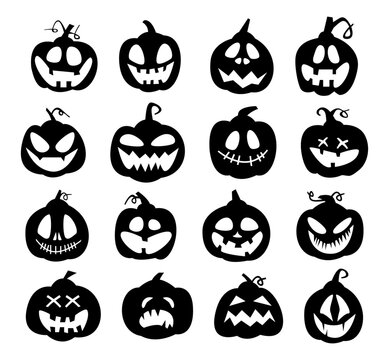 Pumpkin Collection. Set of monochrome Halloween pumpkins isolated on white background. Vector illustration. editable stroke.