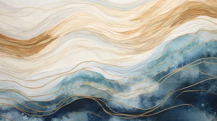 Rolgordijnen Blue golden abstract waves background. Minimal art texture. Elegant, chic backdrop. Horizontal wallpaper for art decoration, wall arts, canvas prints, cover, card, invitation, business style design. © Oksana Smyshliaeva