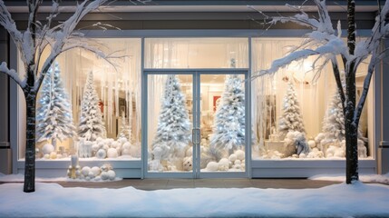 Christmas shop window decorated background. New Year's design decor for stores. Festive mood. Christmas and New Year sales concept. Stylish decoration storefront with garland lights and fur trees.