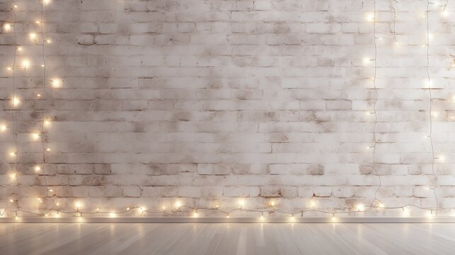 Minimalist white brick wall adorned with shimmering Christmas lights, perfect for background.