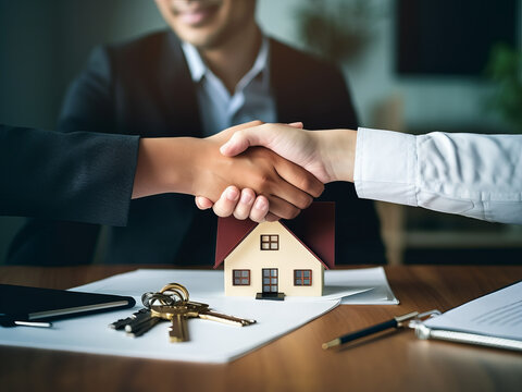 Real estate agents shake hands after the signing of the contract agreement is complete