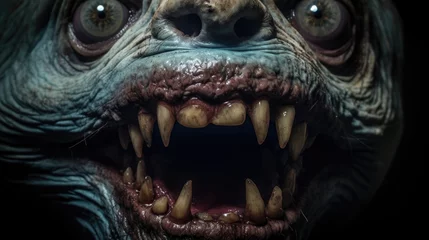 Fotobehang The muzzle of an evil fanged beast from horror films. Alien predatory animal. Extraterrestrial creature. Fictional scary character. Illustration for banner, poster, cover, brochure or presentation.. © Login