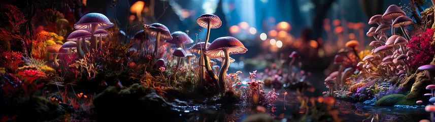 Crédence de cuisine en verre imprimé Forêt des fées Fairytale Forest With Mushrooms. Light Falls On Various Types Of Mushrooms Growing On Soft Moss. Generative AI