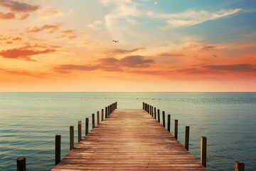 wooden dock pier on the water at sunset, sea summer background with beautiful landscape - obrazy, fototapety, plakaty