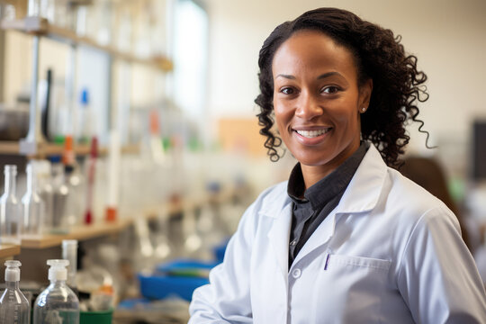 Black african female science teacher smile in school classroom with copy space on blurred background of laboratory test tubes