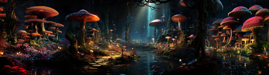 Fairytale Mushroom Forest. Bright Plants And Mosses Grow Among The Trees And A Small Forest Lake. Generative AI