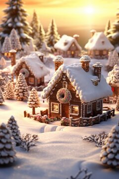 Christmas background with gingerbread house. Festive greeting card with xmas scienery