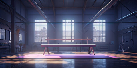 Fototapeta premium A cinematic and realistic gymnastics balance beam in a gymnastics gym