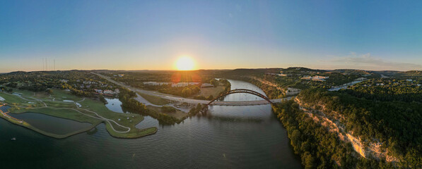 Penny Backer Bridge and Austin Country Club: 180 Degree Aerial Panorama - obrazy, fototapety, plakaty