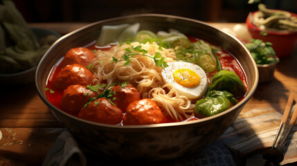 closeup of soup meatballs and noodles in a bowl at a stall, with generative ai