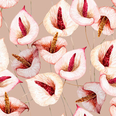 Watercolor subtle anthurium floral seamless pattern. Hand drawn feminine beige, pink, elegant botanical background. Repeatable texture, fashion, wrapping paper, stationery, fabric, textile,surface