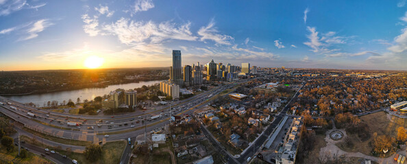 Downtown Austin from the East at Sunset: 180 Degree Aerial Panorama  - obrazy, fototapety, plakaty