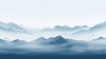 Fototapeta na wymiar Mountain range with visible silhouettes through the morning colorful fog. Hazy mountain sunset. Panoramic view. Illustration for banner, poster, cover, brochure or presentation.