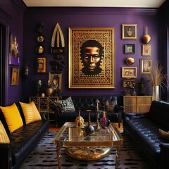 purple living room wall filled with gold frames of Black art, portraits, masks and Black-American symbols 