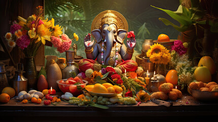 Ganesha on an altar decorated with flowers and fruits. - obrazy, fototapety, plakaty