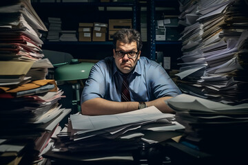worker with a lot of job, work, Officer meticulously reviewing a salaried person's adjusted gross income, surrounded by stacks of tax documents