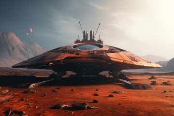 futuristic spaceship landed on the planet mars on the takeoff pad banner with place for text