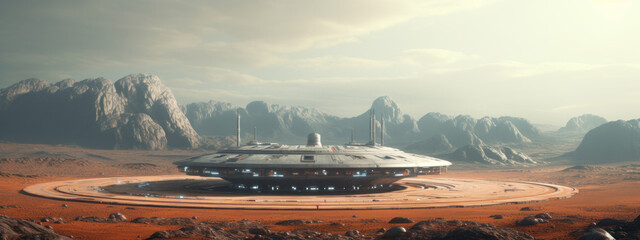 futuristic spaceship landed on the planet mars on the takeoff pad banner with place for text