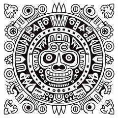 Aztec civilization, person in an Aztec calendar, Mexican mandala, coloring picture, black and white image