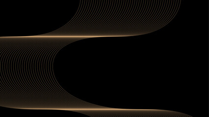 Abstract vector wavy lines flowing smooth curve gold gradient color on black background. frequency sound wave, twisted curve lines with blend effect.	