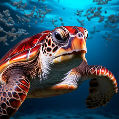 Fototapeta premium sea turtle swimming, close-up photo of turtle in the ocean