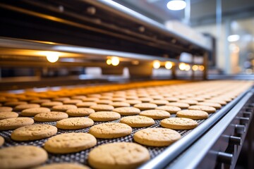 Production Line at the Bakery: Sweet Cookies on a Conveyor Belt. - obrazy, fototapety, plakaty