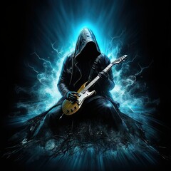 abstract dark power coming out Hooded Hacker Heavy Metal guitar player - obrazy, fototapety, plakaty