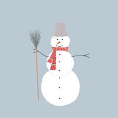 Winter picture. A snowman with a broom and a bucket on his head