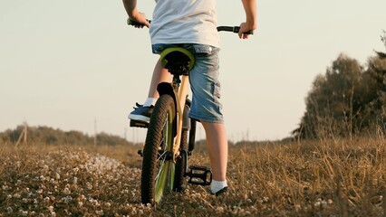 Little boy rides small bicycle across field in summer evening at sunset time