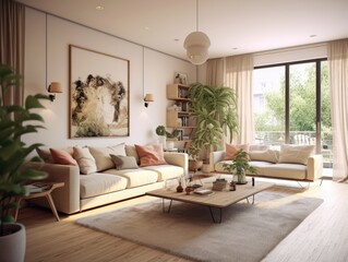 modern minimalist interior design of living room with soft light in warm white color and white sofa