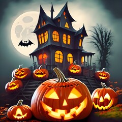 Fototapeta premium Halloween's background with pumpkin and bats