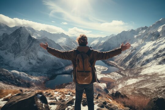freedom concept A man on top of a mountain celebrating with his arms raised high with stuning mountain view background