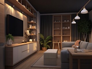 modern minimalist small living room in soft dark color and low light