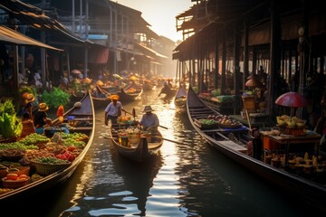 Exotic Floating food market river. Canal river. Generate Ai - obrazy, fototapety, plakaty